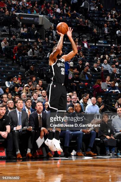 Allen Crabbe of the Brooklyn Nets shoots the ball during the game against the Chicago Bulls on April 9, 2018 at Barclays Center in Brooklyn, New...