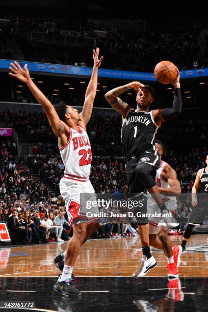 Angelo Russell of the Brooklyn Nets handles the ball during the game against the Chicago Bulls on April 9, 2018 at Barclays Center in Brooklyn, New...