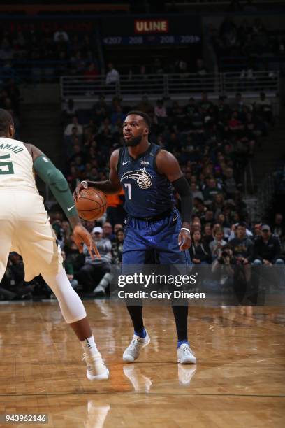 Milwaukee, WI Shelvin Mack of the Orlando Magic handles the ball against the Milwaukee Bucks on April 9, 2018 at the BMO Harris Bradley Center in...