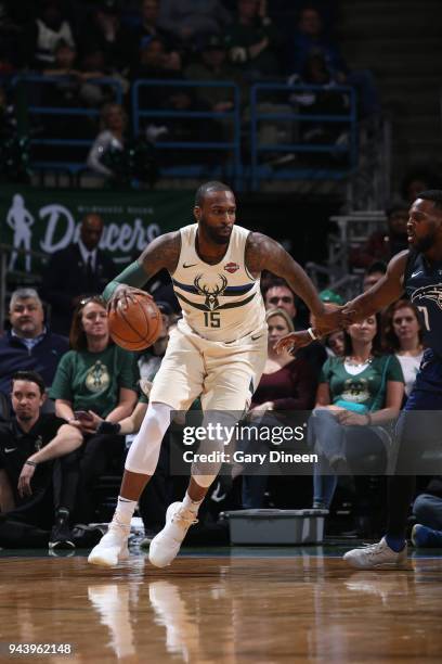 Milwaukee, WI Shabazz Muhammad of the Milwaukee Bucks handles the ball against the Orlando Magic on April 9, 2018 at the BMO Harris Bradley Center in...