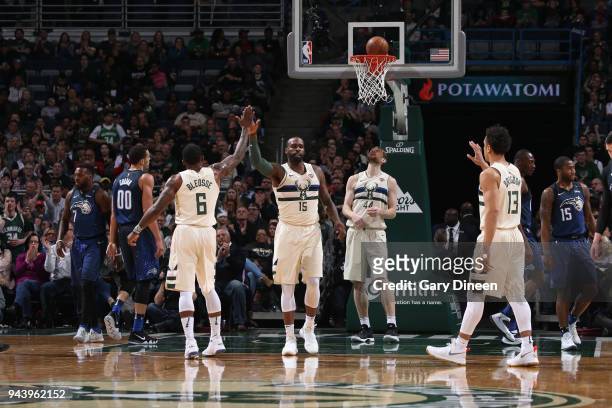 Milwaukee, WI Shabazz Muhammad of the Milwaukee Bucks and Eric Bledsoe of the Milwaukee Bucks high five during the game against the Orlando Magic on...