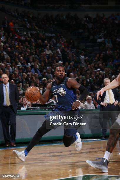 Milwaukee, WI Shelvin Mack of the Orlando Magic handles the ball against the Milwaukee Bucks on April 9, 2018 at the BMO Harris Bradley Center in...