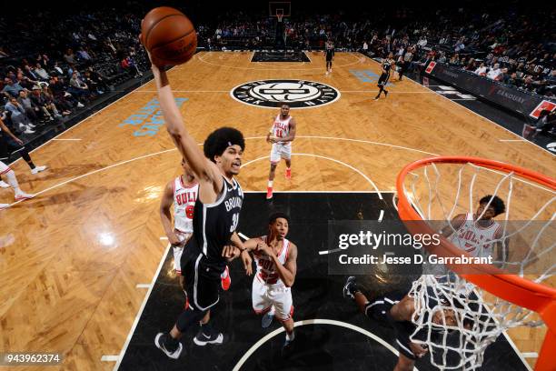 Jarrett Allen of the Brooklyn Nets dunks the ball during the game against the Chicago Bulls on April 9, 2018 at Barclays Center in Brooklyn, New...