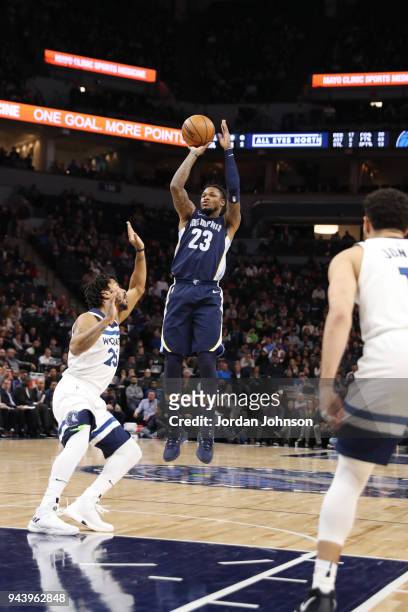 Ben McLemore of the Memphis Grizzlies shoots the ball during the game against the Minnesota Timberwolves on April 9, 2018 at Target Center in...