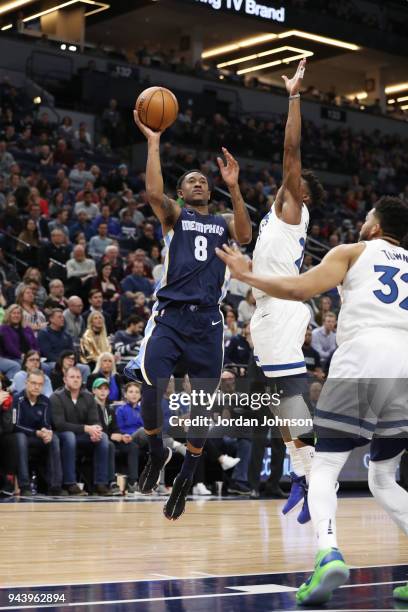 MarShon Brooks of the Memphis Grizzlies shoots the ball during the game against the Minnesota Timberwolves on April 9, 2018 at Target Center in...