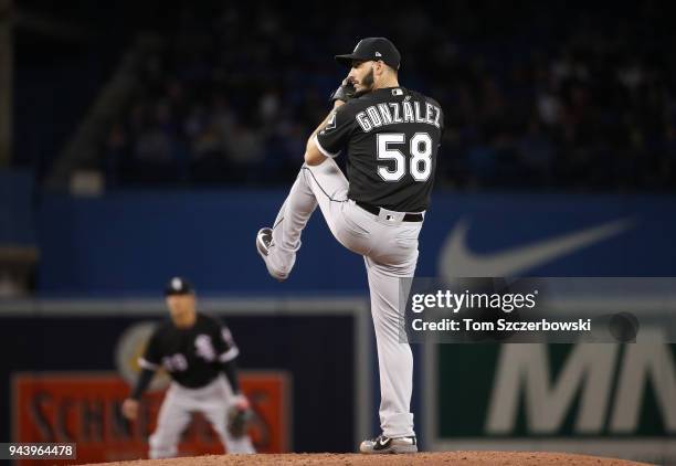 Miguel Gonzalez of the Chicago White Sox delivers a pitch in the second inning during MLB game action against the Toronto Blue Jays at Rogers Centre...