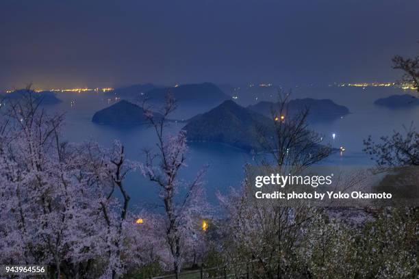 seto inlands and cherry blossoms at night - erblühen zeitraffer stock-fotos und bilder