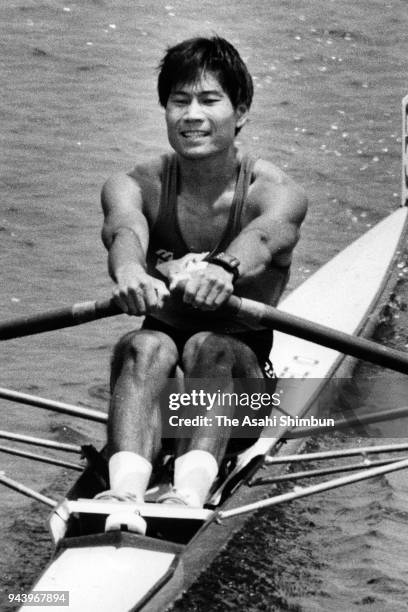 Masahiro Sakata competes in the Men's Single Scull final during the All Japan Rowing Championships at Toda Olympic Course on June 24, 1990 in Toda,...