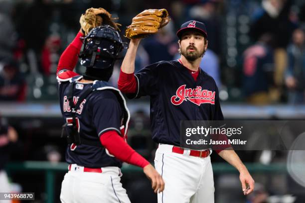 Catcher Yan Gomes celebrates with closing pitcher Andrew Miller of the Cleveland Indians after the Indians defeated the Detroit Tigers at Progressive...