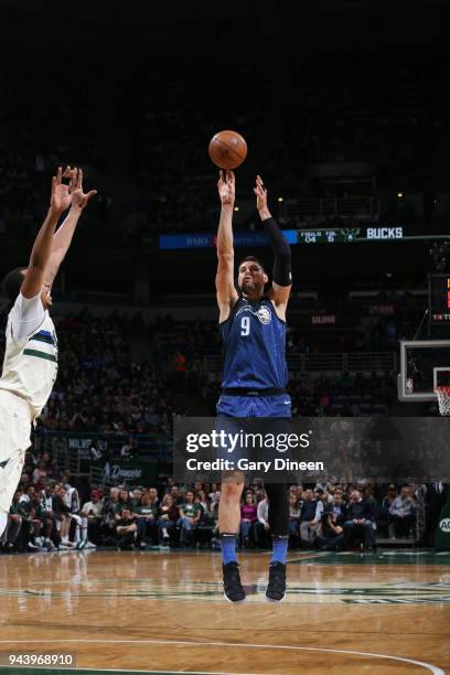 Milwaukee, WI Nikola Vucevic of the Orlando Magic shoots the ball against the Milwaukee Bucks on April 9, 2018 at the BMO Harris Bradley Center in...