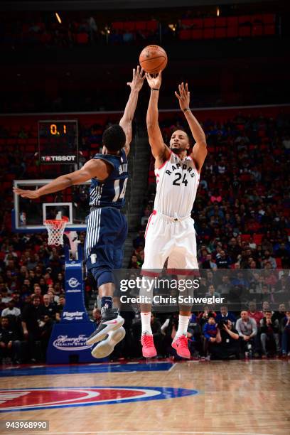 Norman Powell of the Toronto Raptors shoots the ball against the Detroit Pistons on April 9, 2018 at Little Caesars Arena, Michigan. NOTE TO USER:...