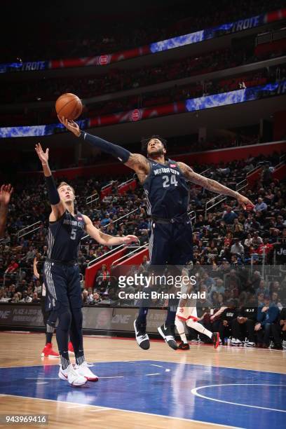 Eric Moreland of the Detroit Pistons handles the ball against the Toronto Raptors on April 9, 2018 at Little Caesars Arena in Detroit, Michigan. NOTE...