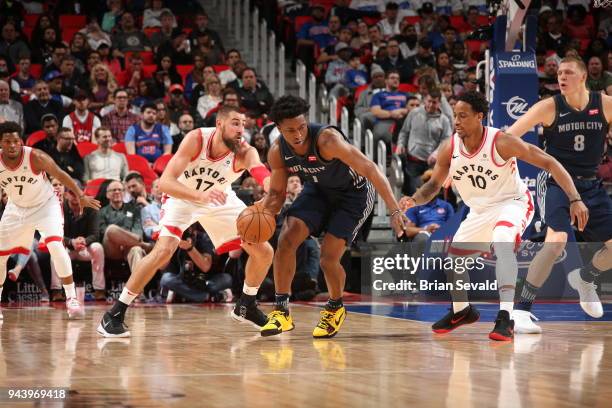 Stanley Johnson of the Detroit Pistons handles the ball against the Toronto Raptors on April 9, 2018 at Little Caesars Arena in Detroit, Michigan....