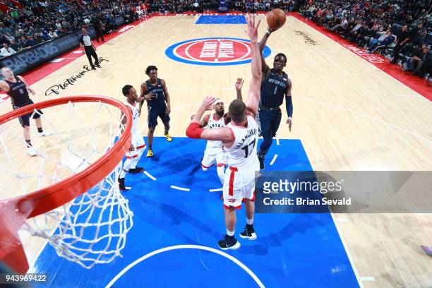 Reggie Jackson of the Detroit Pistons shoots the ball against the Toronto Raptors on April 9, 2018 at Little Caesars Arena in Detroit, Michigan. NOTE...