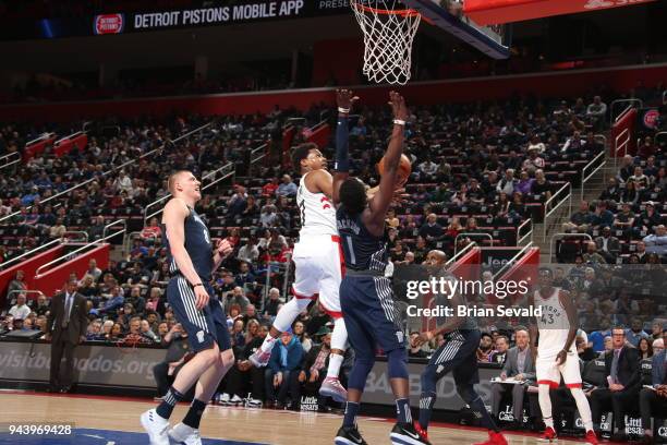 Kyle Lowry of the Toronto Raptors handles the ball against the Detroit Pistons on April 9, 2018 at Little Caesars Arena in Detroit, Michigan. NOTE TO...