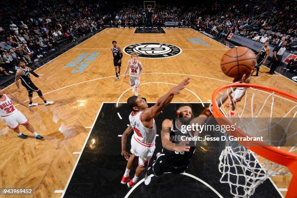 Allen Crabbe of the Brooklyn Nets shoots the ball during the game against the Chicago Bulls on April 9, 2018 at Barclays Center in Brooklyn, New...