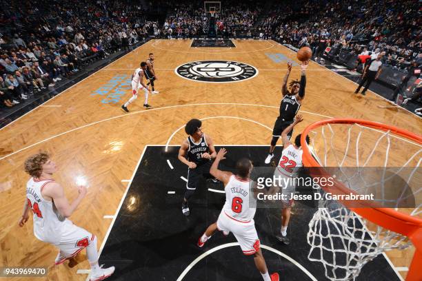 Angelo Russell of the Brooklyn Nets shoots the ball during the game against the Chicago Bulls on April 9, 2018 at Barclays Center in Brooklyn, New...