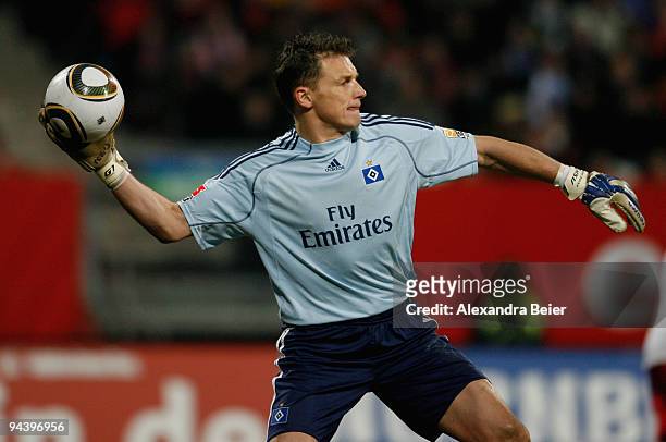Goalkeeper Frank Rost of Hamburg throws the ball during the Bundesliga match between 1. FC Nuernberg and Hamburger SV at Easy Credit Stadium on...