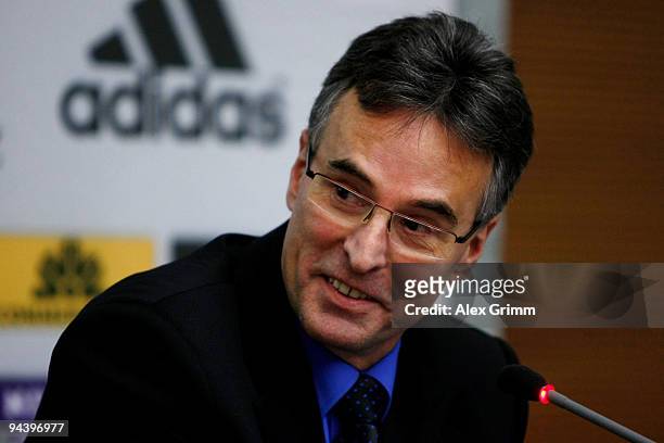 Helmut Sandrock, Director of the German Football Association , addresses the media during a press conference on the promotion of talents and elites...