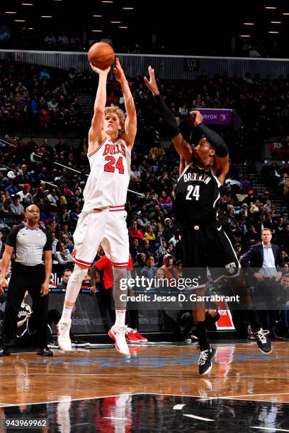 Lauri Markkanen of the Chicago Bulls shoots the ball during the game against the Brooklyn Nets on April 9, 2018 at Barclays Center in Brooklyn, New...