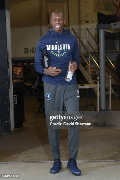 Gorgui Dieng of the Minnesota Timberwolves arrives before game against the Memphis Grizzlies on April 9, 2018 at Target Center in Minneapolis,...