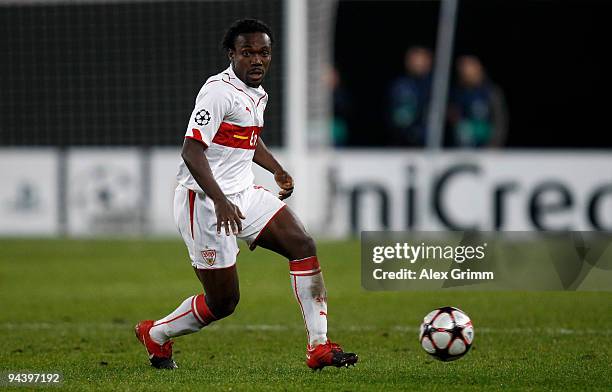 Arthur Boka of Stuttgart runs with the ball during the UEFA Champions League Group G match between VfB Stuttgart and Unirea Urziceni at the...