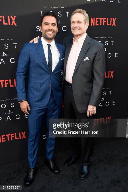 Ignacio Serricchio and Mark Goddard attend the premiere of Netflix's "Lost In Space" Season 1 at The Cinerama Dome on April 9, 2018 in Los Angeles,...