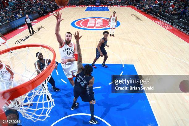 Jonas Valanciunas of the Toronto Raptors shoots the ball against the Detroit Pistons on April 9, 2018 at Little Caesars Arena in Detroit, Michigan....