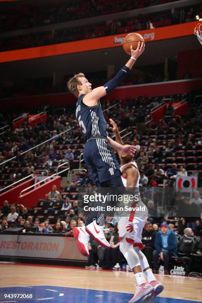 Luke Kennard of the Detroit Pistons goes to the basket against the Toronto Raptors on April 9, 2018 at Little Caesars Arena in Detroit, Michigan....