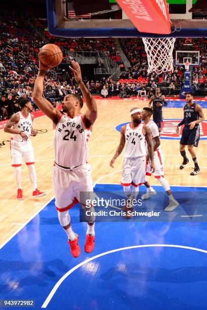 Norman Powell of the Toronto Raptors grabs the rebound against the Detroit Pistons on April 9, 2018 at Little Caesars Arena, Michigan. NOTE TO USER:...