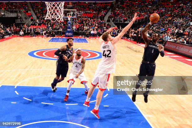 Reggie Jackson of the Detroit Pistons shoots the ball against the Toronto Raptors on April 9, 2018 at Little Caesars Arena, Michigan. NOTE TO USER:...