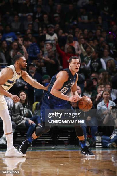 Milwaukee, WI Aaron Gordon of the Orlando Magic handles the ball against the Milwaukee Bucks on April 9, 2018 at the BMO Harris Bradley Center in...