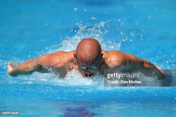 David Morgan of Australia competes during the Men's 4 x 100m Medley Relay - Heat 2 on day six of the Gold Coast 2018 Commonwealth Games at Optus...