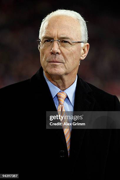 Franz Beckenbauer looks on before the UEFA Champions League Group G match between VfB Stuttgart and Unirea Urziceni at the Mercedes-Benz Arena on...