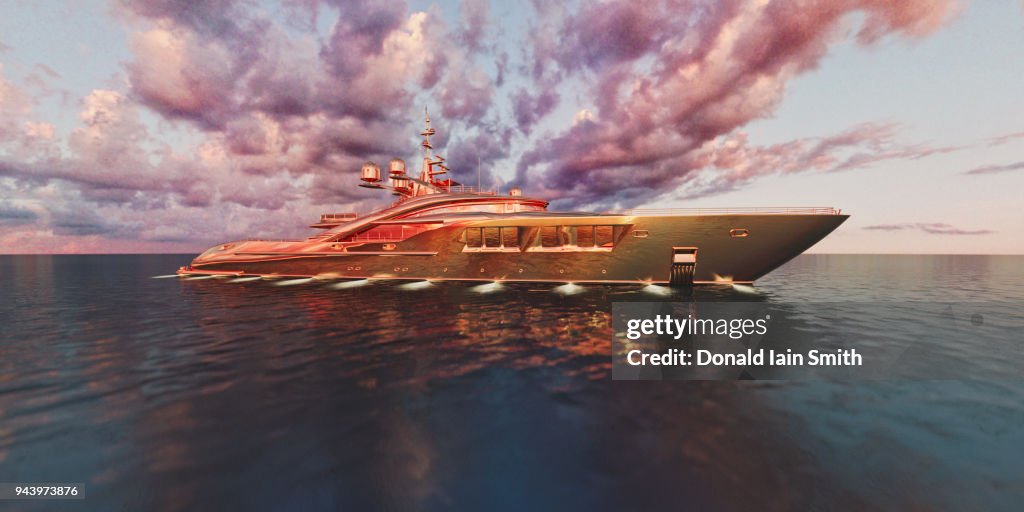 Superyacht made of gold at sea in calm ocean