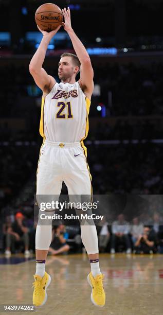 Travis Wear of the Los Angeles Lakers shoots in the first half at Staples Center on April 8, 2018 in Los Angeles, California. The Jazz defeated the...