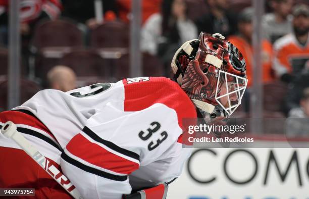 Scott Darling of the Carolina Hurricanes looks on against the Philadelphia Flyers on April 5, 2018 at the Wells Fargo Center in Philadelphia,...