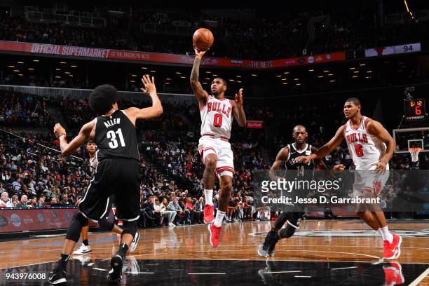 Sean Kilpatrick of the Chicago Bulls shoots the ball during the game against the Brooklyn Nets on April 9, 2018 at Barclays Center in Brooklyn, New...
