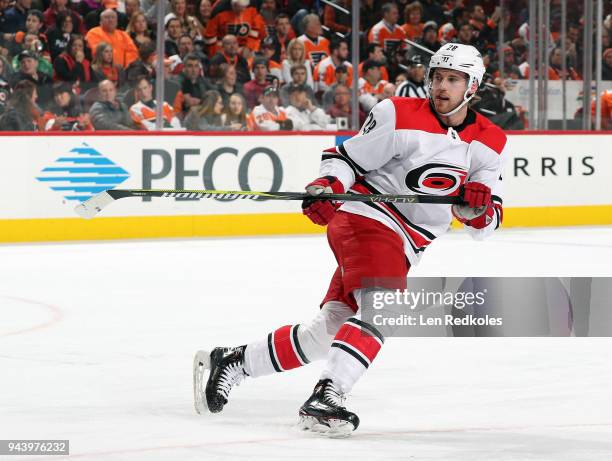 Sebastian Aho of the Carolina Hurricanes skates against the Philadelphia Flyers on April 5, 2018 at the Wells Fargo Center in Philadelphia,...