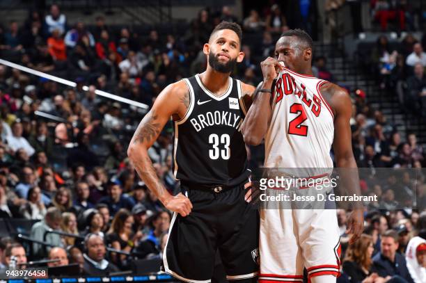 Allen Crabbe of the Brooklyn Nets and Jerian Grant of the Chicago Bulls looks on during the game between the two teams on April 9, 2018 at Barclays...