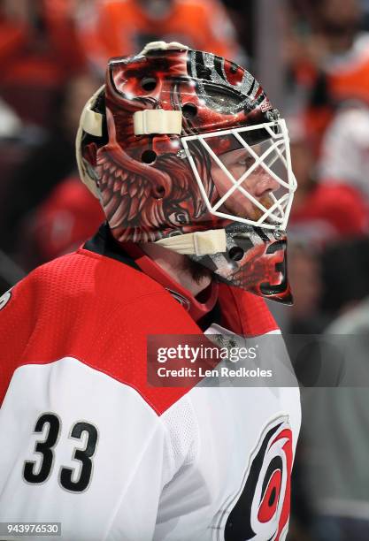 Scott Darling of the Carolina Hurricanes looks on against the Philadelphia Flyers on April 5, 2018 at the Wells Fargo Center in Philadelphia,...