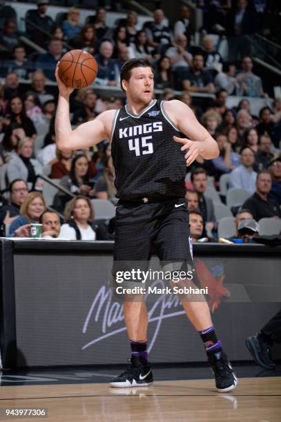 Jack Cooley of the Sacramento Kings passes the ball against the San Antonio Spurs on April 9, 2018 at the AT&T Center in San Antonio, Texas. NOTE TO...