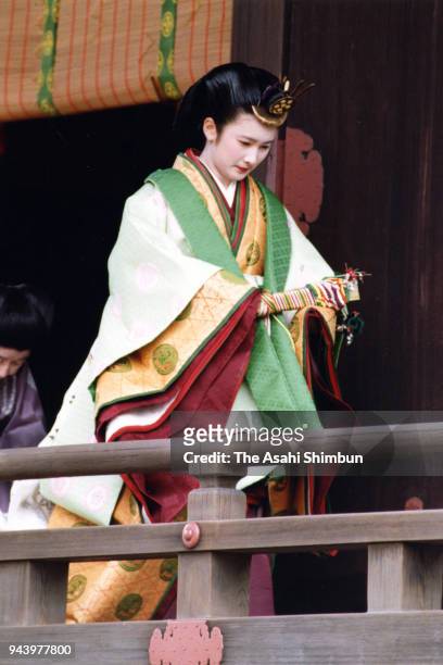 Kiko Kawashima in traditional Juni-Hitoe kimono leaves the Kashikodokoro sanctuary after the 'Kekkon-no-Gi' wedding ceremony with Prince Fumihito on...