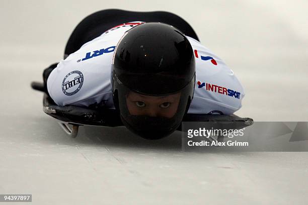Nozomi Komuro of Japan competes in her first run of the women's skeleton competition during the FIBT Bob & Skeleton World Cup at the bob run on...