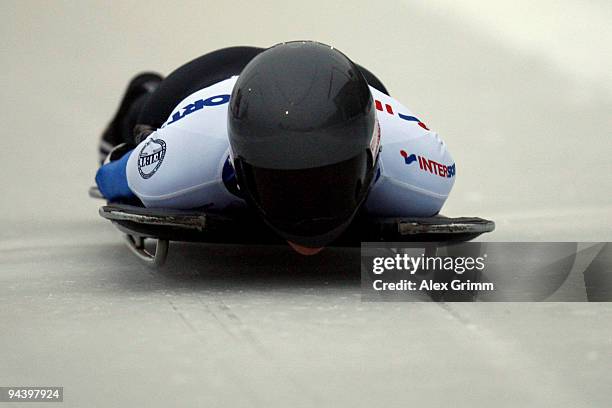 Desiree Bjerke of Norway competes in her first run of the women's skeleton competition during the FIBT Bob & Skeleton World Cup at the bob run on...
