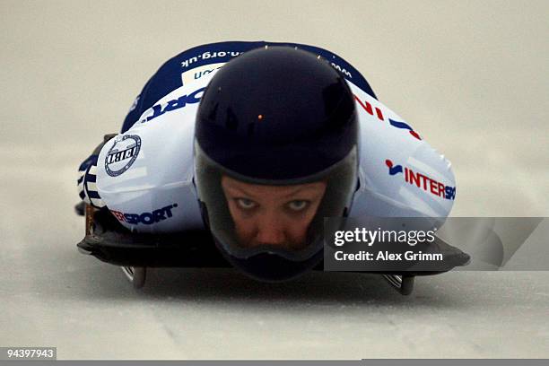 Tionette Stoddard of New Zealand competes in her first run of the women's skeleton competition during the FIBT Bob & Skeleton World Cup at the bob...