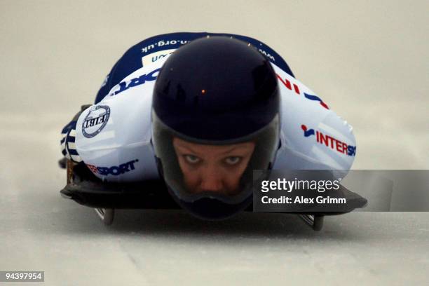 Donna Creighton of Britain competes in her first run of the women's skeleton competition during the FIBT Bob & Skeleton World Cup at the bob run on...