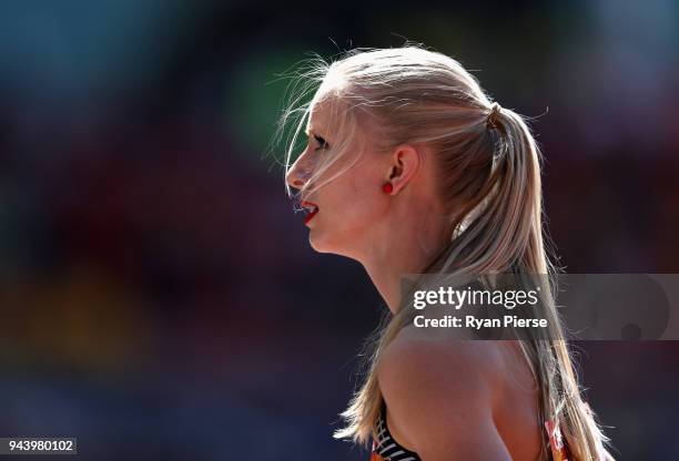 Sage Watson of Canada looks on after she competes in the Women's 400 metres hurdles heats during the Athletics on day six of the Gold Coast 2018...