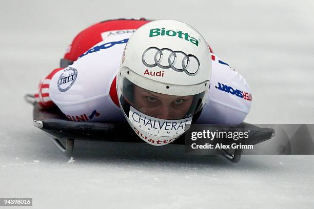 Maya Pedersen of Switzerland competes in her first run of the women's skeleton competition during the FIBT Bob & Skeleton World Cup at the bob run on...