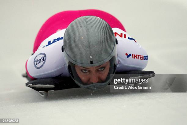Noelle Pikus-Pace of the U.S. Competes in her first run of the women's skeleton competition during the FIBT Bob & Skeleton World Cup at the bob run...